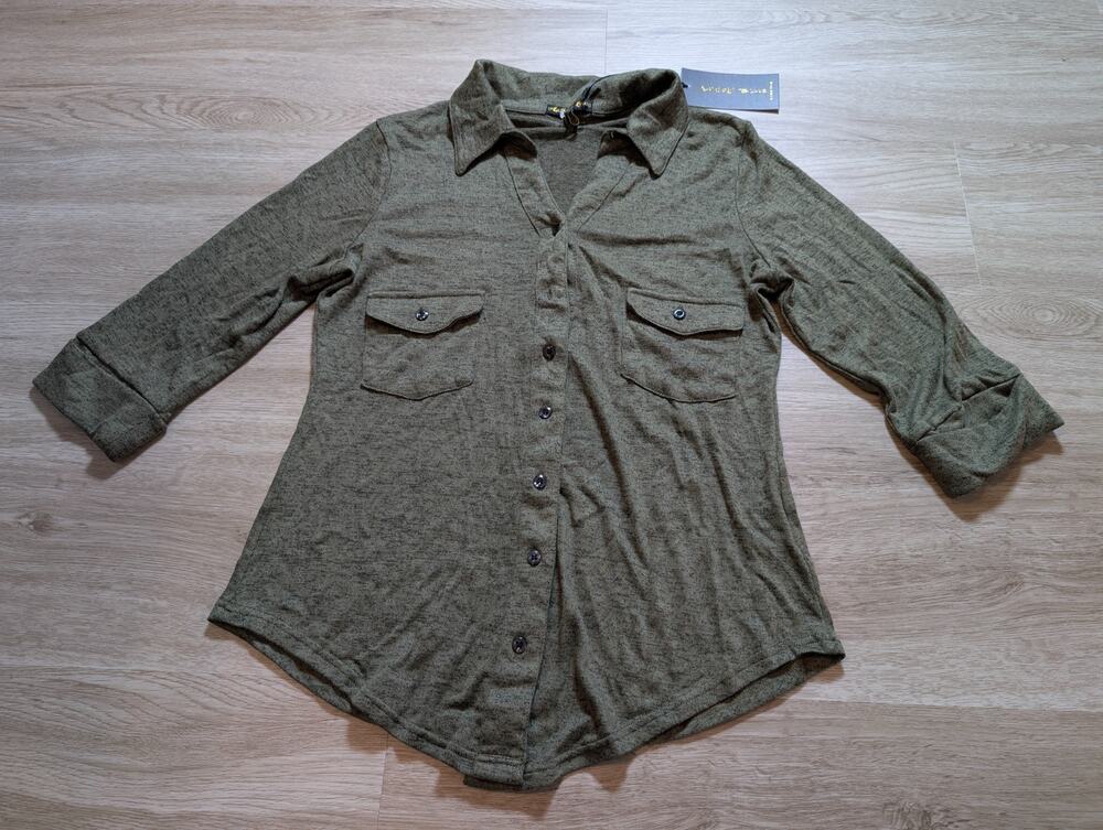 NWT Ashley Blue Womens M Olive Button Shirt Utility Roll Tab Top Military Green